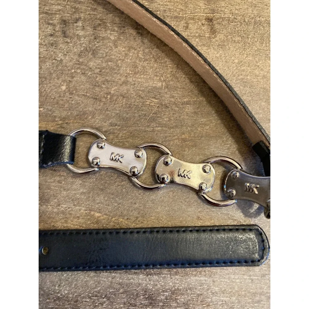 Michael Kors Black Leather Skinny Belt Silver Chain Link MK Logo 554756 Medium